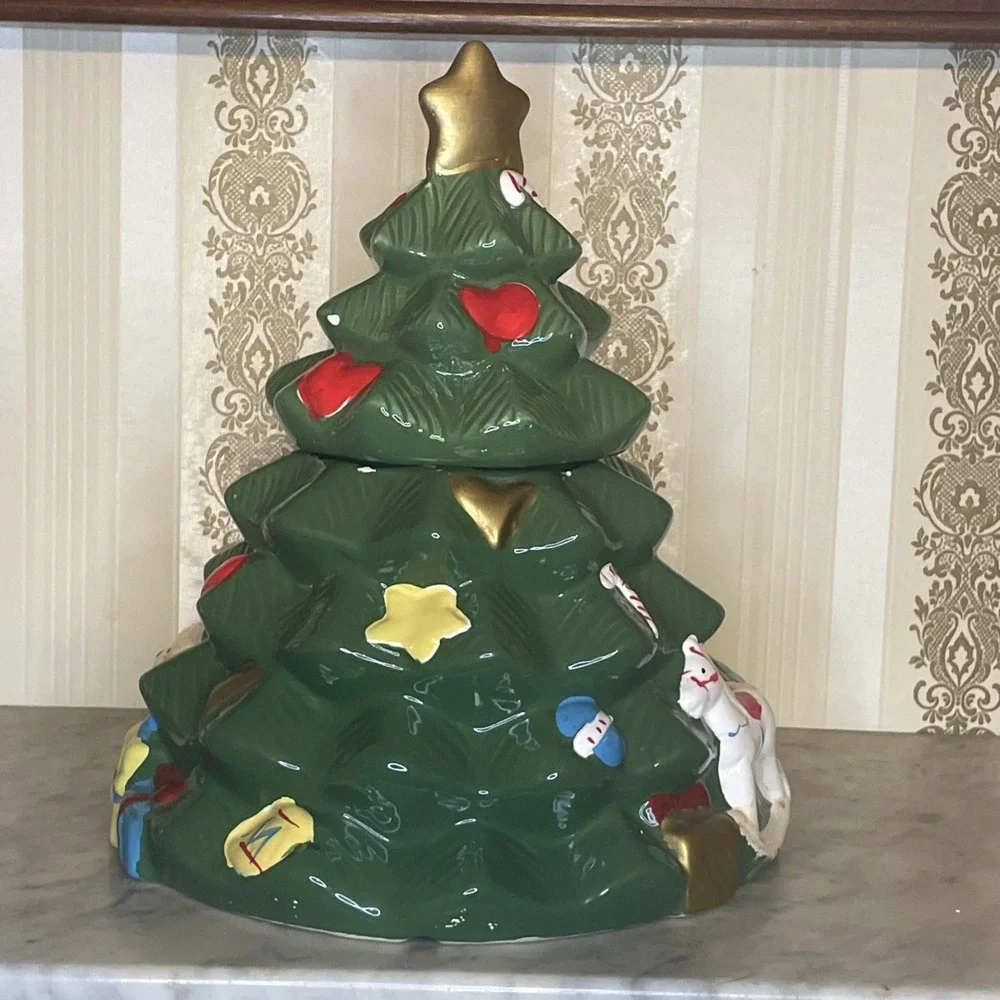 Vintage Ceramic Two Piece Christmas Tree Cookie Jar QVC Teddy Bear Star Horse